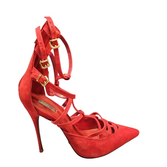 Schutz Paluda Caged Stiletto Strappy Heels Women Size 6 Red Pointed Toe Back Zip - Picture 1 of 13